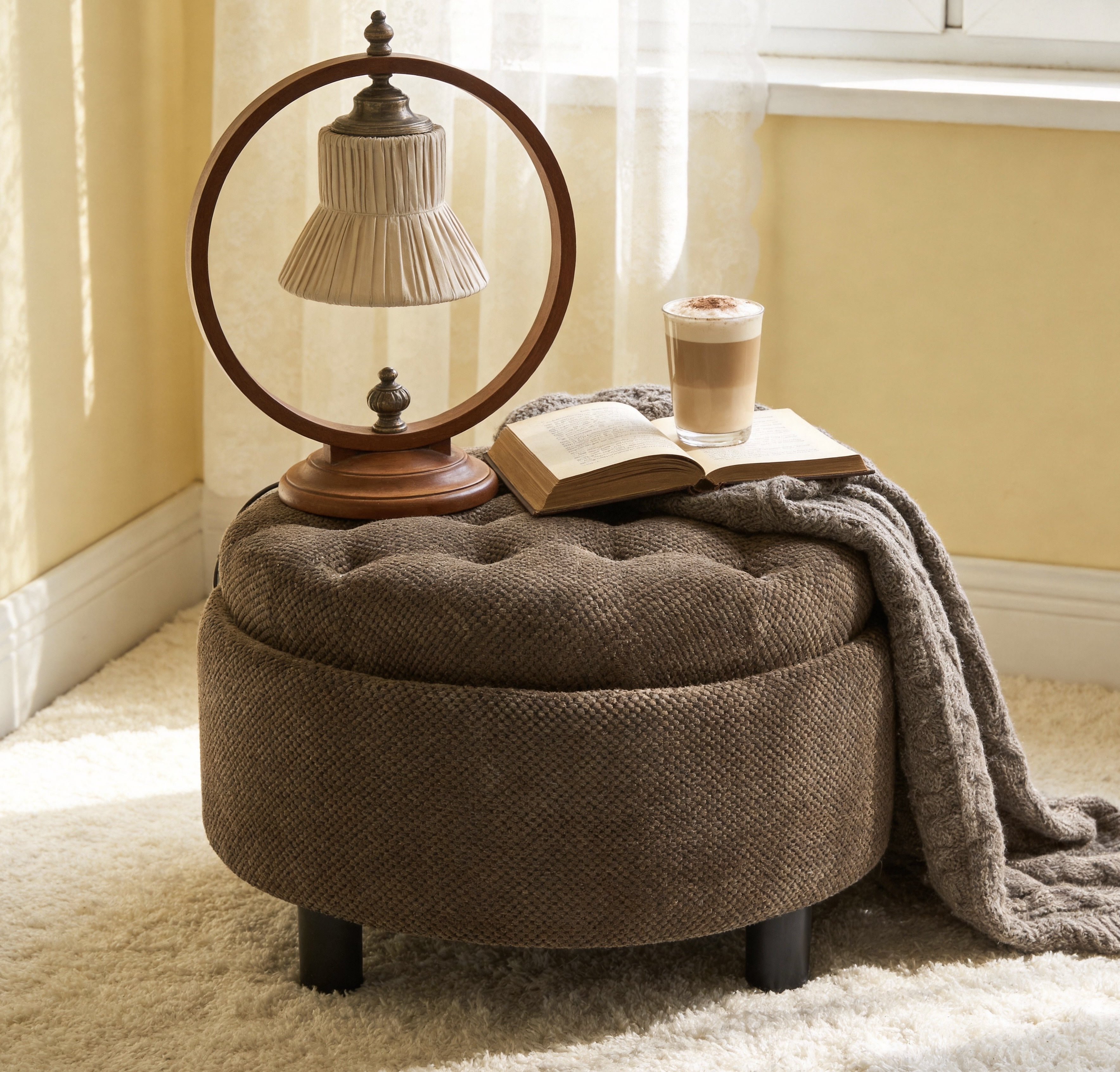 Leumius Storage Ottoman Bench,Round Coffee Table Ottoman,Wooden Top Side Table with Hidden Storage for Living Room,Bedroom,Coffee