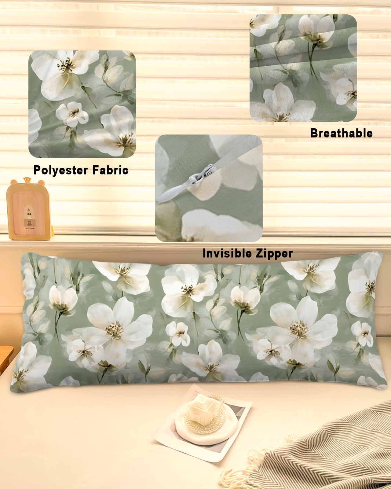Sage Green Spring Floral Body Pillow Cover, Pillowcase Protectors with Zipper, Breathable Decorative Throw Pillow Case Cover, Summer Botanical Flower Pillow Shams for Couch Sofa 20x54Inch
