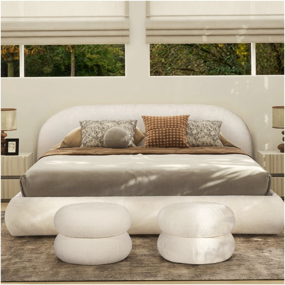 King Size Upholstered Platform Bed with Padded Headboard, Modern Low Profile Floor Bed Frame in Soft White Chenille Fabric, No Box Spring Needed