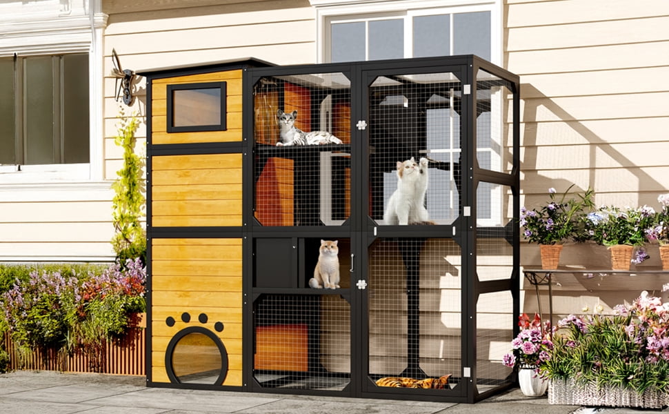 Euroco Large Cat Catio 4 Tiers Cat Enclosure for Outdoor, Cat House Weatherproof Attached to Window for Multiple Cats with Platforms and Resting Rooms, Brown