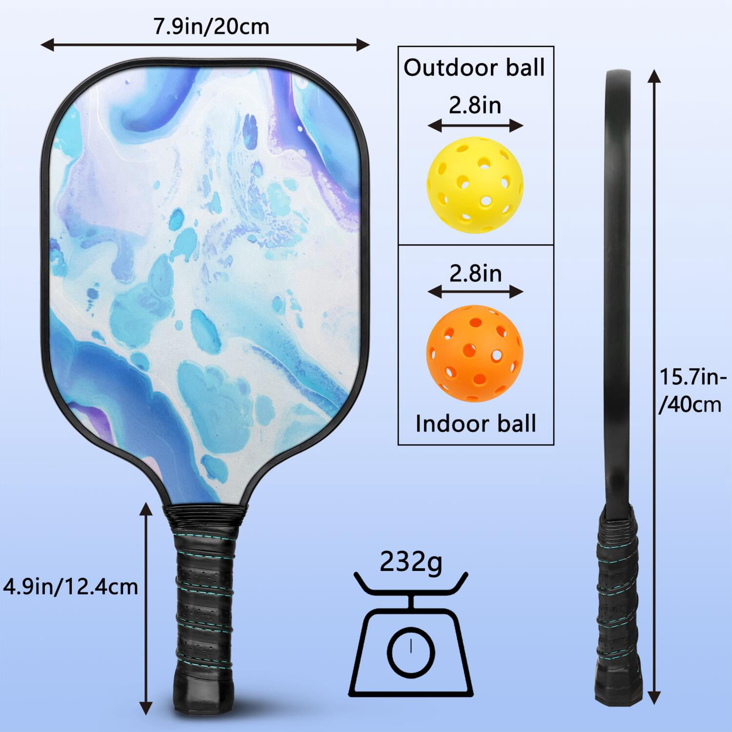 Pickleball Paddles Set Of 2, Fiberglass Surface, Turquoise Marble Pattern, 4 Balls & Bag