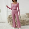 thumbnail image 3 of Perfectbot Women's Color Block Lounge Set, Long Sleeve U Neck Crop Slim Fit Top & Wide Leg Pajama Pants, 3 of 7