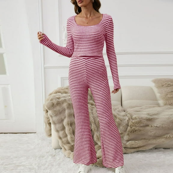 Goodtrade8 2 Piece Womens Pajamas Striped Crew Neck Long Sleeve Soft Casual Sleepwear Pajamas for Women
