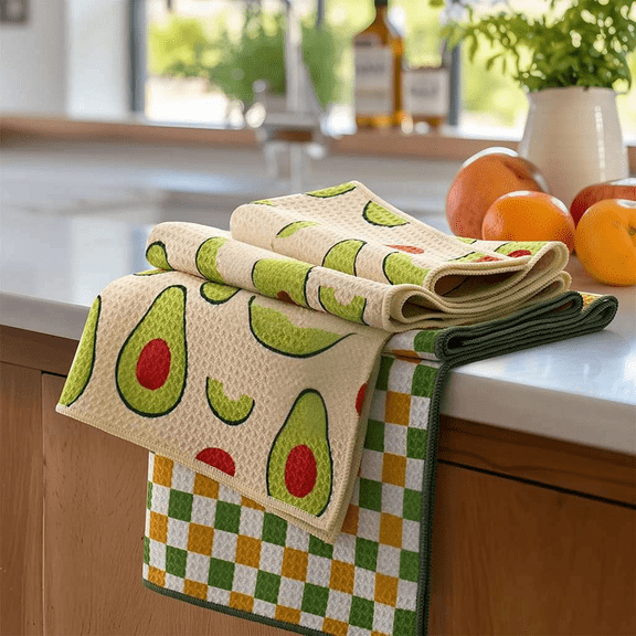 Waffle Kitchen Towel Set of 2 - Quick Dry Microfiber Dish Towels - Ultra Absorbent Reusable Cleaning Towels - Lightweight Hand Towels, 16" x 28", Avocado Vibes