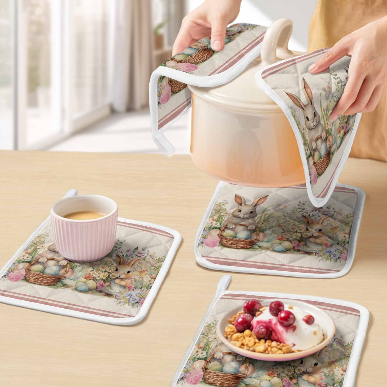 Spring Floral Eater Bunny Pot Holders for Kitchen Heatproof Potholder, 2 Pack Colorful Eggs Rustic Red Hot Pads Multipurpose Oven Pads Cloth Potholders Trivet for Cooking and Baking