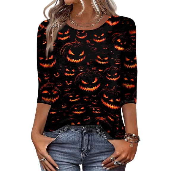 Womens Casual Halloween 3/4 Sleeve Crew Neck Tee Shirts Pumpkin Shirts Thanksgiving Fall Tops