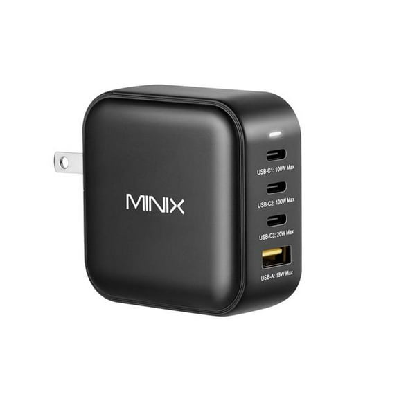 MINIX 100W Turbo 4-Ports GaN Foldable Wall Charger with 3-USB-C(Max 100W/20W), 1-USB-A(Max 18W), US/EU/UK Plugs for Travel - Black