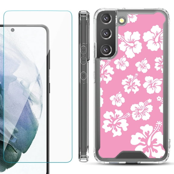 Shockproof Bumper Phone Case for Samsung Galaxy S22 5G, with Tempered Glass Screen Protector, by OneToughShield ® - Hibiscus Pink