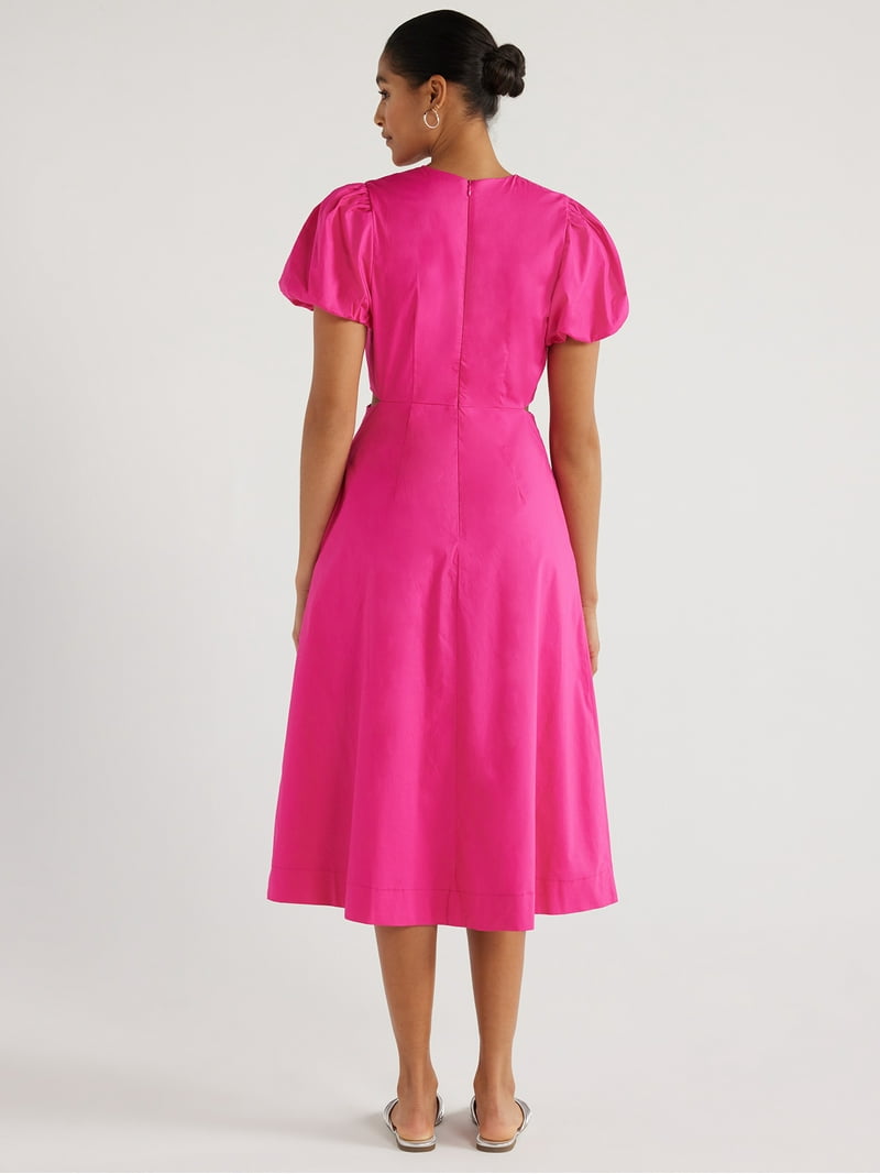 scoop women's cut out midi dress with puff sleeves Scoop Cut Out Midi Dress with Puff Sleeves and Madden NYC Two-Band Rhinestone Sandal