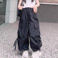 thumbnail image 2 of CPNG Girls Trendy Bow Cargo Pants Solid Color Jogger Straight Wide Leg Elastic High Waist Loose Drawstring Cargo Sweatpants with Multi-Pockets, 2 of 4