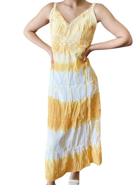 Mogul Women Maxi Strap Dress, Tie Dye Sundress, Amber Orange White Summer Cotton boho dresses, Beach Cover up M
