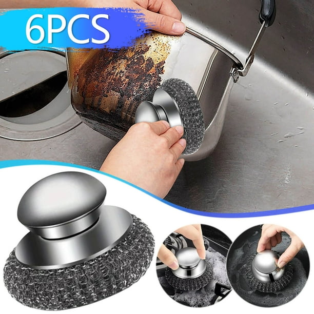 Suministros de cocina, lana de acero, lana de acero inoxidable con 5 almohadillas de repuesto, almohadillas de lana de acero desmontables para limpiar platos, ollas de hierro, estufas, fregaderos, jue