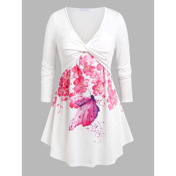 Talla grande Twist Front Floral Butterfly Tee Rosegal Mangas largas de talla grande