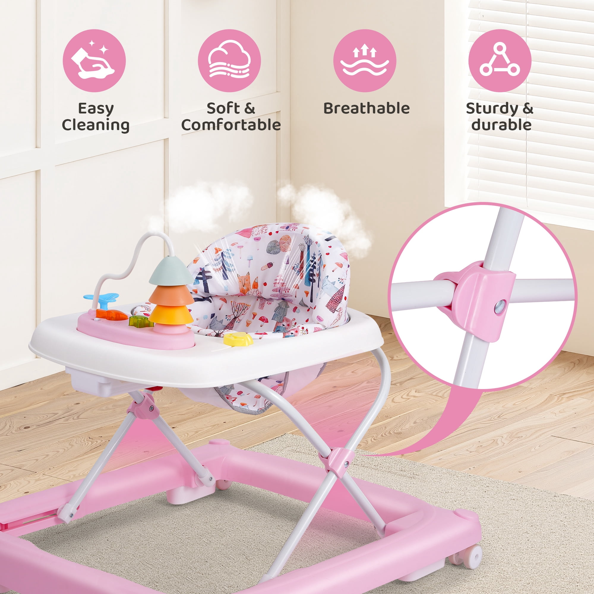 Babyeap Baby Walker,Foldable Baby Activity Walker with Wheels,Toddler Activity Centers,Removable Toys,Ages 6-15 Months,Pink