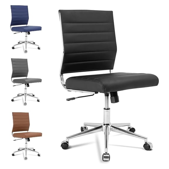Armless Office Desk Chair, Back Ergonomic Swivel Conference Room Chair, Adjustable Height PU Leather Home Desk Chair, Modern Small Rolling Computer Task Chair, Black
