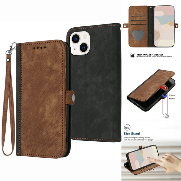Mantto Wallet Case for iPhone 14 Plus, Premium PU Leather Luxury Soft Silicone Shockproof Anti-Drop Case with Kickstand Magnetic Button Wrist Strap Handbag Card Slots Holder Cute Folio Case,Brown