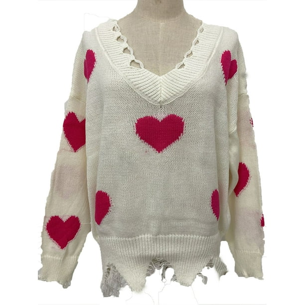 HiMONE HIMONE Women Red Heart Print Sweater Sexy V Neck Knitted