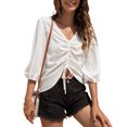 thumbnail image 1 of Blusa fruncida con cordón delantero Linterna Manga 3/4 Gasa Cuello en V Camisa con cordón fruncido Top para mujer, 1 of 8