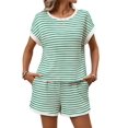 thumbnail image 3 of Women'S Summer 2 Piece Sets Striped Short Sleeve T Shirts and Shorts Loungewear Matching Set Green M, 3 of 9