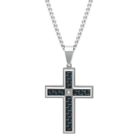 MenÃƒÂ¢ s Stainless Steel and Blue Carbon Fiber Diamond Accent Cross with 24ÃƒÂ¢ Curb Chain - Mens Pendant