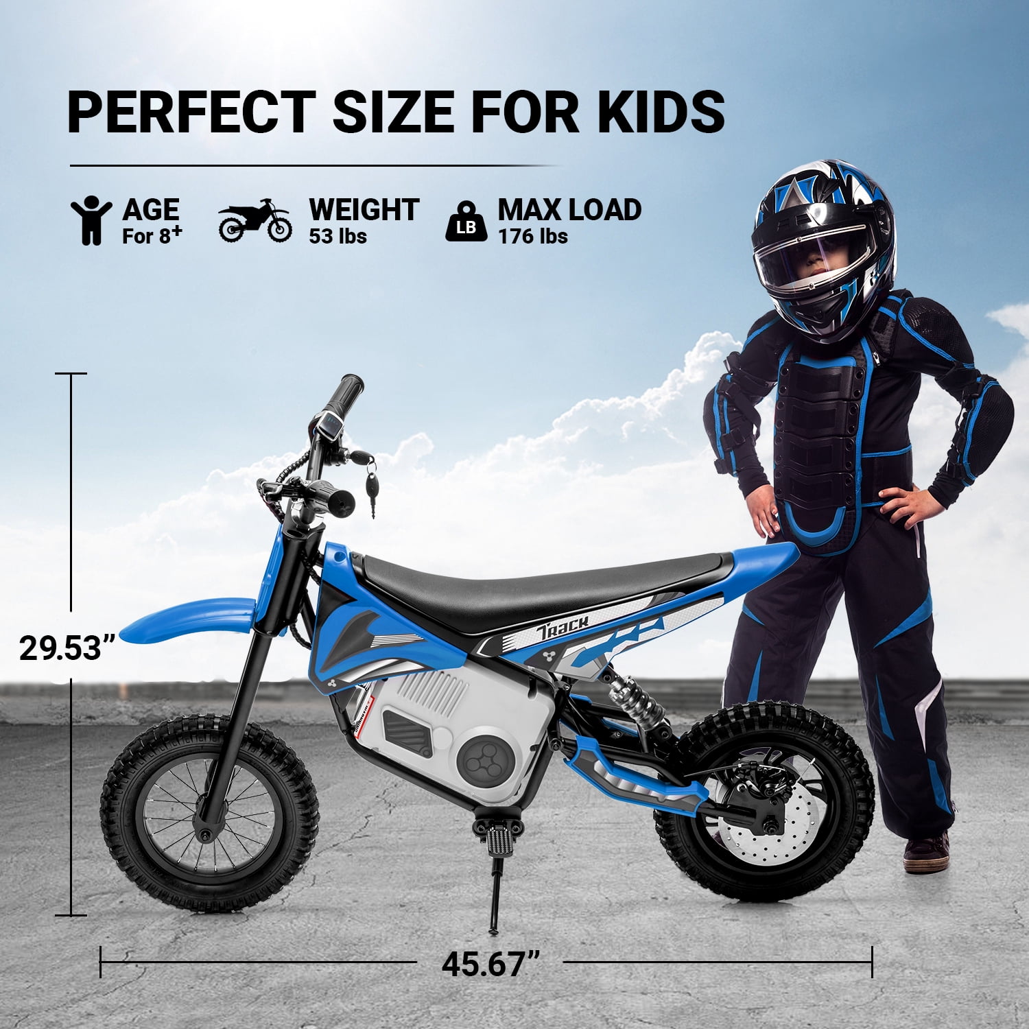 Track Seven 24V Electric Dirt Bike, 250W Ride on Motorcycle with Twist Grip Throttle, Hand-Operated Dual Brakes, Speed Up to 10 MPH, for Age 8-12, Blue