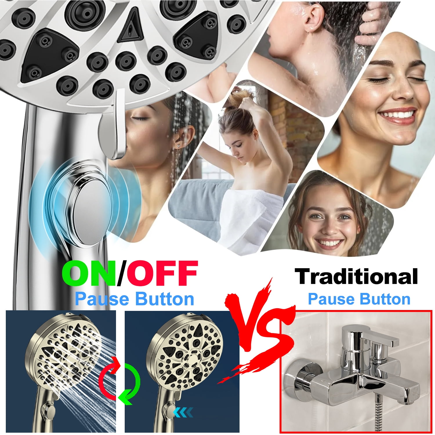 High Pressure Handheld Shower Head, 4.8" Large Panel Rain Shower Head with 9 Spray Modes, One-Touch Pause Button, Long Hose and Adjustable Bracket for Bathroom Cleaning and Pet Bath