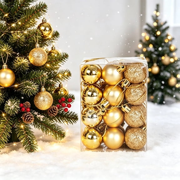 24 Pack 1.2 Inch Christmas Ball Baubles, Shatterproof Plastic Hanging Ornaments for Xmas Tree, Holiday & Party Decor, Gold
