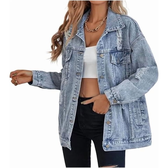 Women’s Oversized Boyfriend Denim Jacket – Long Distressed Ripped Vintage Jean Coat, Casual Loose-Fit Streetwear Outerwear