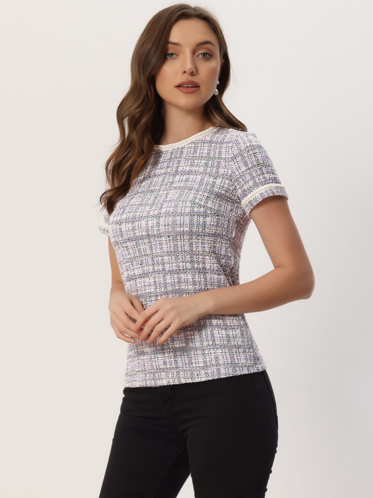 DARING DIVA Women's Round Neck Short Sleeve Tweed Top M Apricot