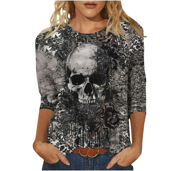 Uootdi Halloween Skull Distressed Shirts for Women Retro Button Crew Neck Long Sleeve Pullover Tops Fall Washed T-Shirts Multicolor Womens Tops