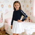 thumbnail image 2 of Girls 2 Piece Outfit Set, Navy Blue Long Sleeve Top with White Flared Skirt, Lace Trim, Elastic Waist, Machine Washable Polyester, Sizes 4-9 Years,Size 7-8 T, 2 of 9