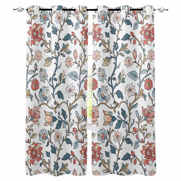 Fsddascl Pink Red Floral Blackout Curtains for Bedroom/Living Room, Thermal Insulated Kitchen Curtains, Vintage Watercolor Flower Plant Grommet Darkening Window Treatment Drapes 27.5"x39"x2