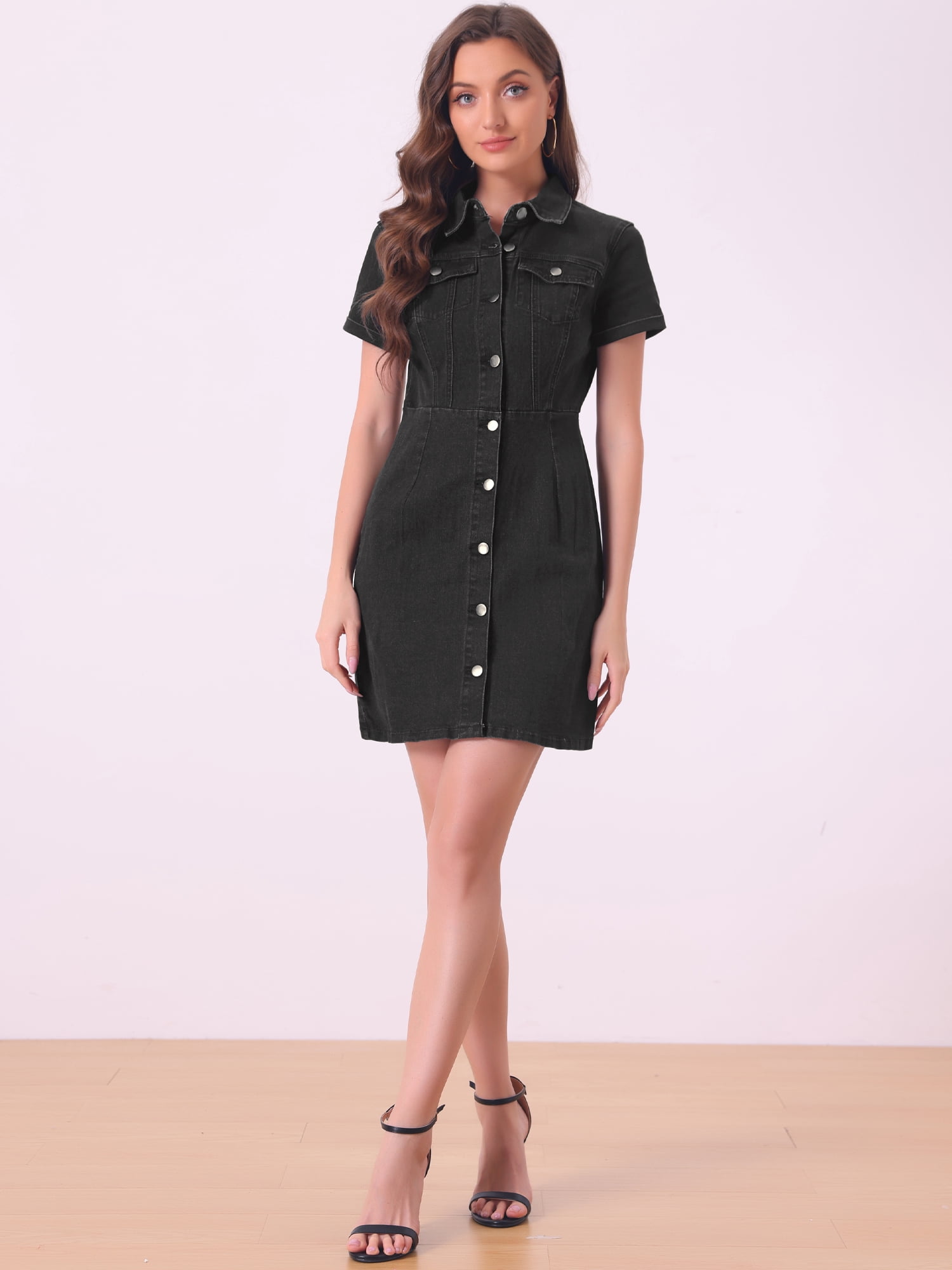DARING DIVA Button Down Casual Collared Short Sleeve Denim Shirt Dress XS Blue S Black