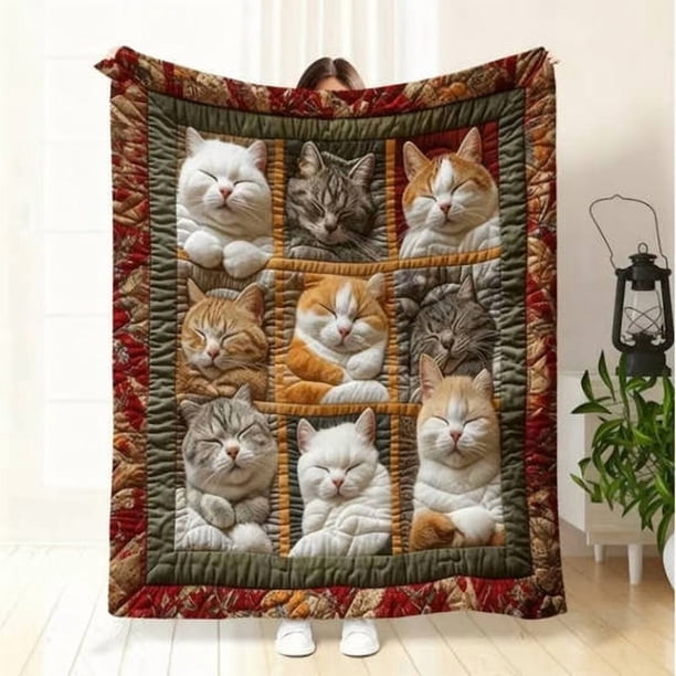Manta con estampado de gato bohemio, diseño de gato de punto suave, manta decorativa de gran tamaño, cálida manta con estampado de gato para invierno, manta plegable lavable a máquina, para