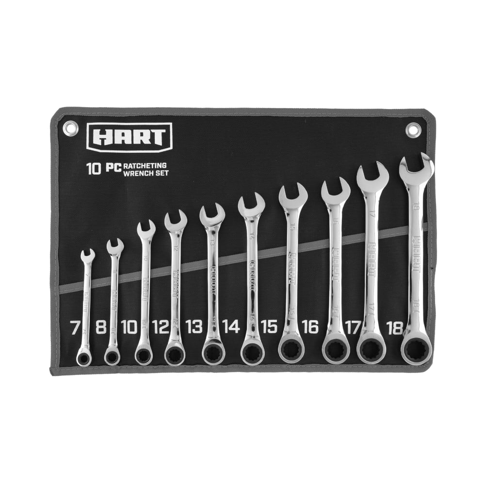 Hart 10 Piece MM Ratcheting Wrench Set with Tool Pouch, Chrome Vanadium