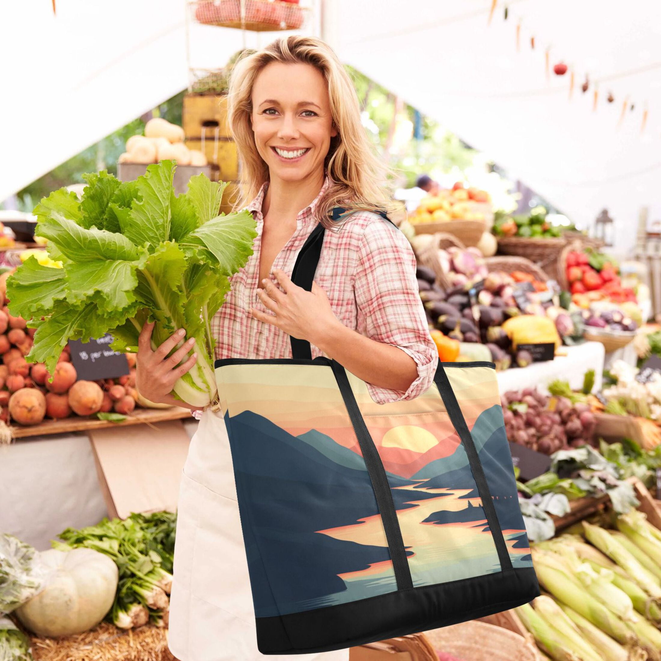 Large Hand-held Ice Pack Picnic Bag Insulation and Refrigeration Suitable for Shopping Picnics and Camping River Sunset