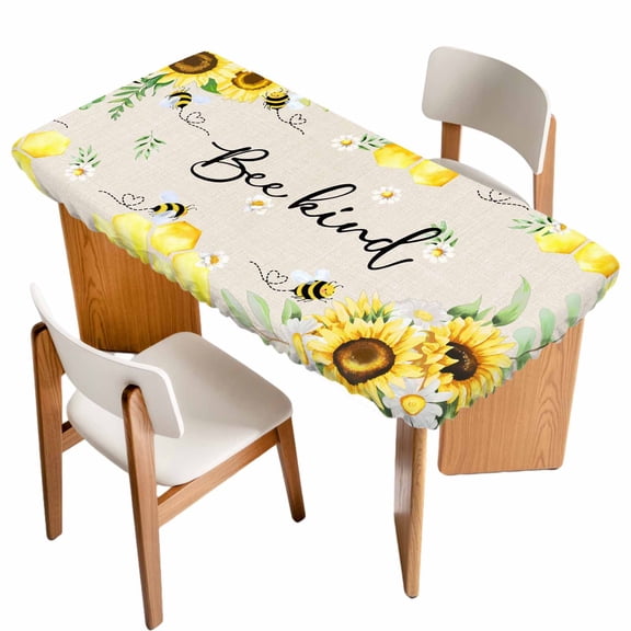 Sunflower Floral Table Cloths for 5 Foot Rectangle Tables, Farmhouse Pastoral Daisy Bees Beige Burlap Patio Waterproof Elastic Fitted Tablecloths, Washable Rectangular Table Cover for Camping