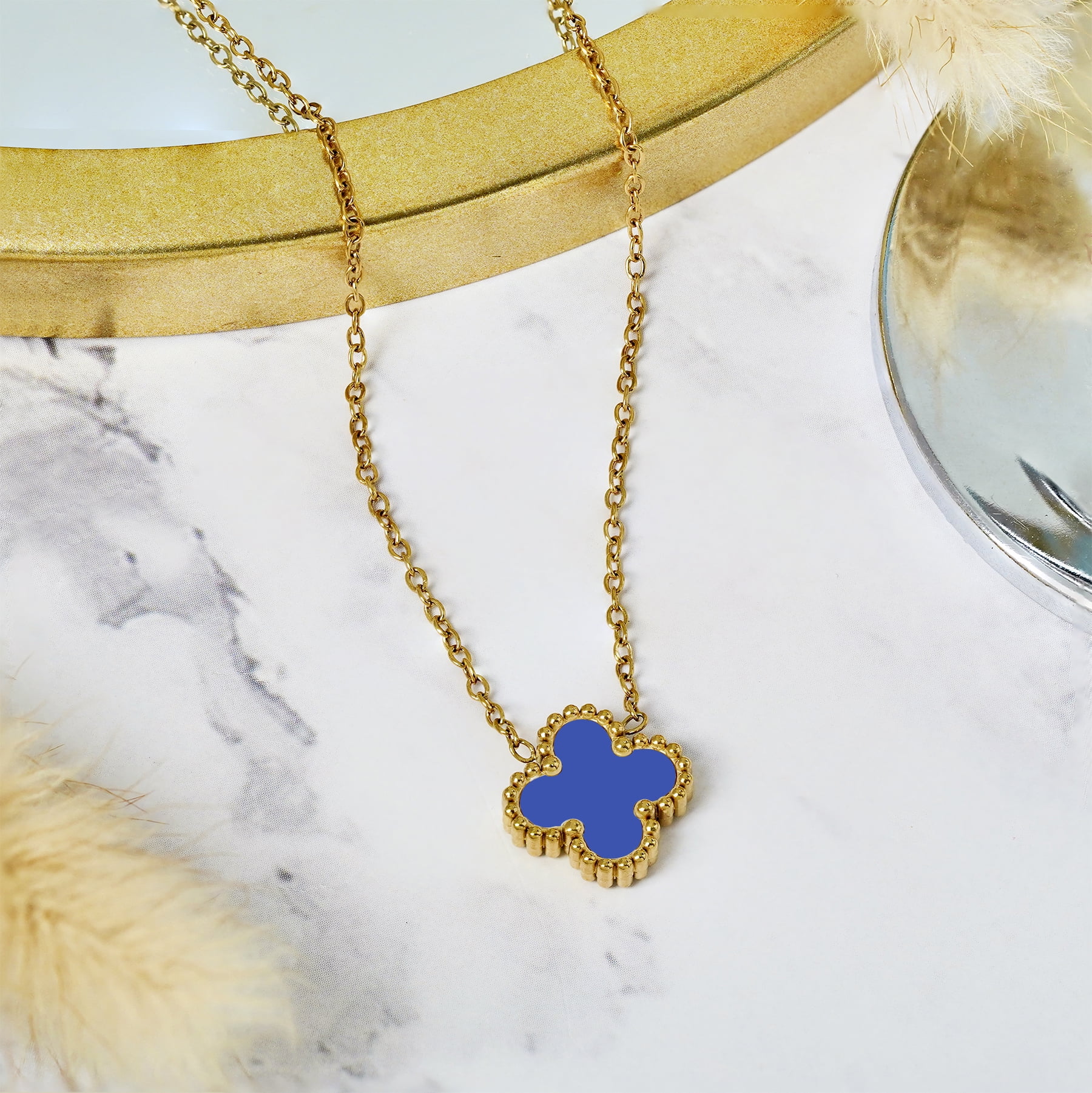 JeenMata Blue Flower Pendant Necklace in Yellow Gold Plated
