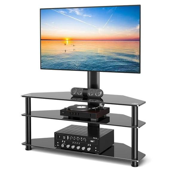Swivel Floor TV Stand with Table for 32-70 Inch TVs, Universal Height Adjustable TV Floor Stand with Large Storage Shelves, Strong Corner TV Stand Mount Holds up to 88lbs, Black