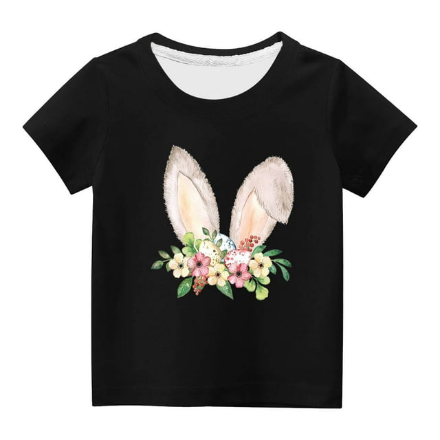 Penkiiy T-Shirts de Pâques pour Enfants Garçons Filles Mode Oreilles de Lapin de Pâques Imprimé Col Rond Manches Courtes 3 Ans Noir