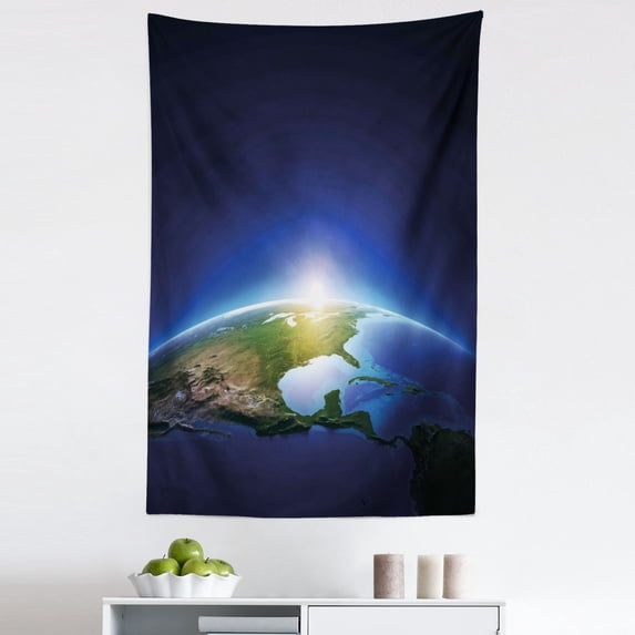 Earth Tapestry, Earth Sunrise over Cloudless North America Atmosphere Space Solar System, Fabric Wall Hanging Decor for Bedroom Living Room Dorm, 5 Sizes, Blue Dark Blue Green, by Ambesonne