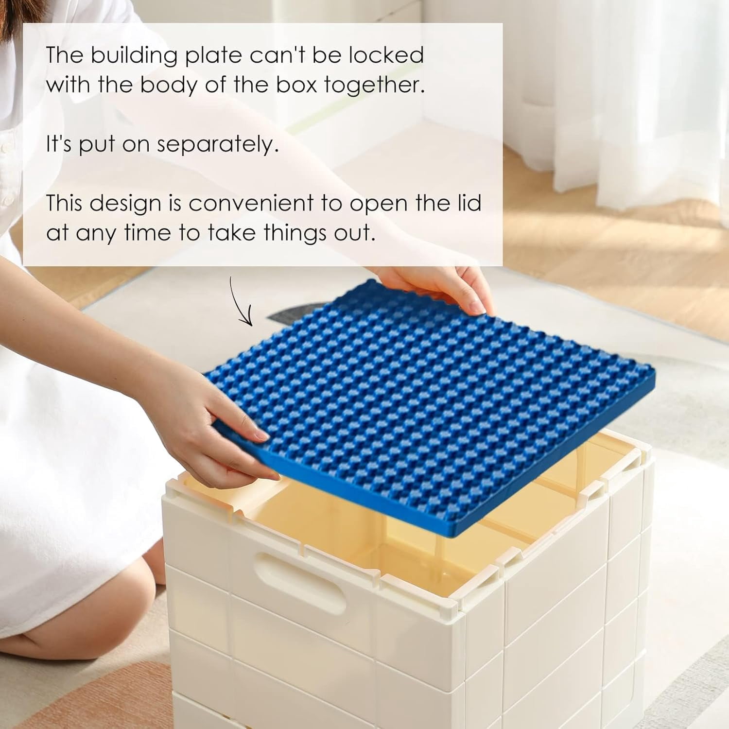 Folding Storage Box with Building Lid for Duplo Blocks, 26 Qt. Foldable Toy Container, 25L Collapsible Storage Bin with Building Baseplate for Lego Bricks, Blue