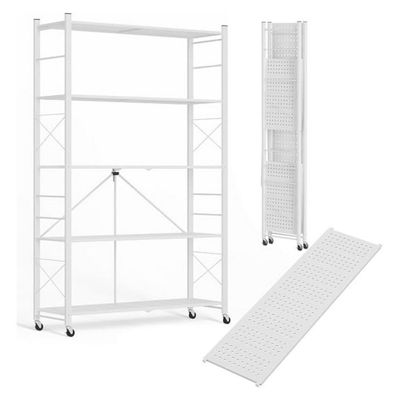 40" W Foldable 5-Tier Storage Shelves with Wheels, Adjustable & Removable Metal Rack, Heavy Duty Rolling Organizer for Kitchen, Garage, Closet, Pantry, and Office (White,1 Pack)