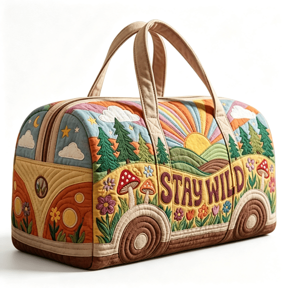 AOMRCOL Retro Van Shape Quilted Duffle Printed Bag,Colorful Hippie Peace Sign,Wild Design,Travel Weekender Tote Bag Quilted Tote Bag
