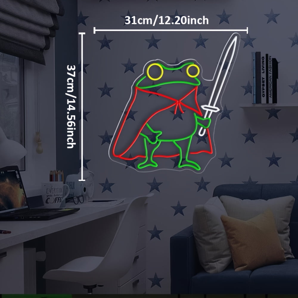 USB-powered Frog Prince neon sign with sword & cape. Vibrant green glow, durable plastic, easy mount. Perfect for kids' room or play area decor.