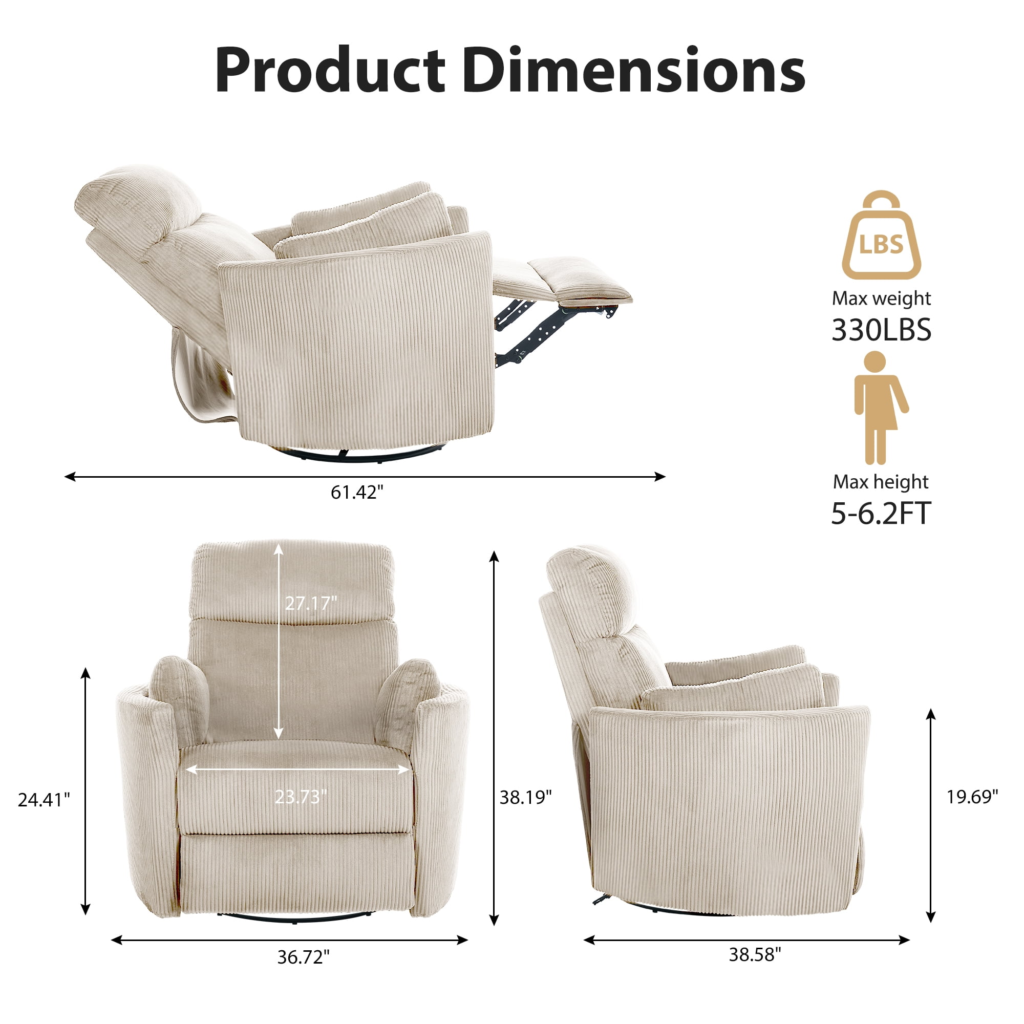 36.72'' Wide Swivel Rocker Glider Recliner with Adjustable Pillows and USB, Beige Corduroy Nursery Chair