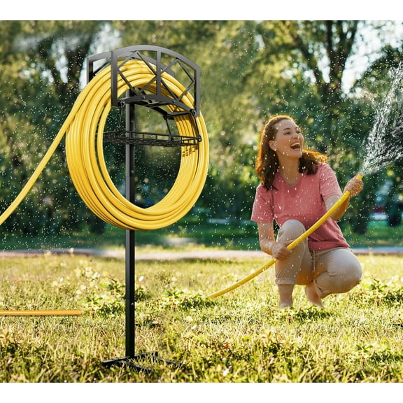 Fire Beauty Freestanding Garden Hose Holder for Outdoor - Heavy Duty In-Ground Hose Rack Organizer with Detachable Stake, Holds 150ft Hose & Reel Stand, Rust-Proof Lawn Yard Water Hose Hanger (Black)