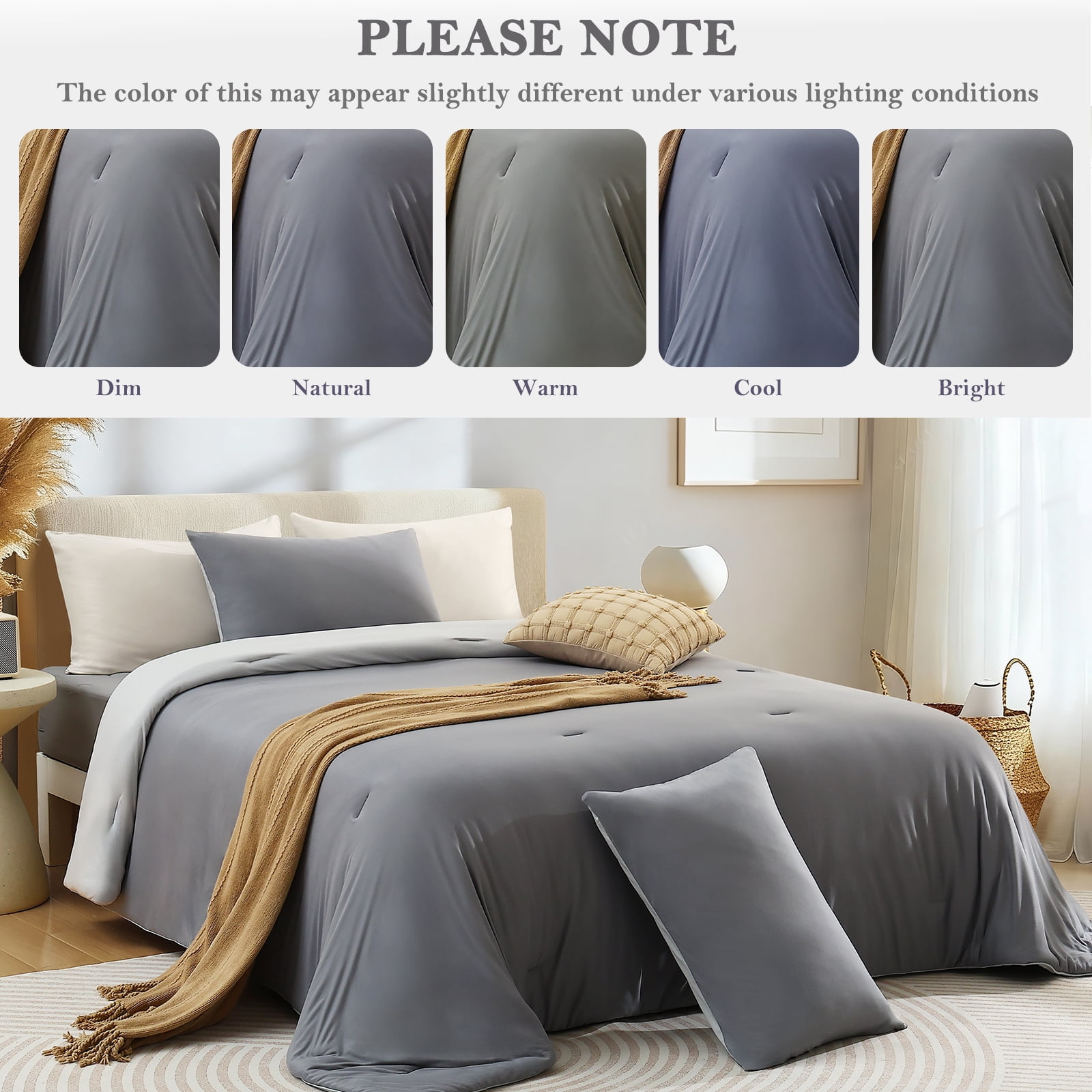 Aship Queen Comforter Set, 3Pcs Cozycash PCM Bedding Set with Temperature Regulating for All Season, Reversible Skin-friendly Bedding, 1Comforter & 2 Pillowcases Gray