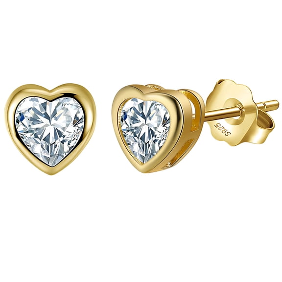 Heart Earrings for Women by Ginger Lyne Gold Plated Sterling Silver Stud Solitaire Cubic Zirconia