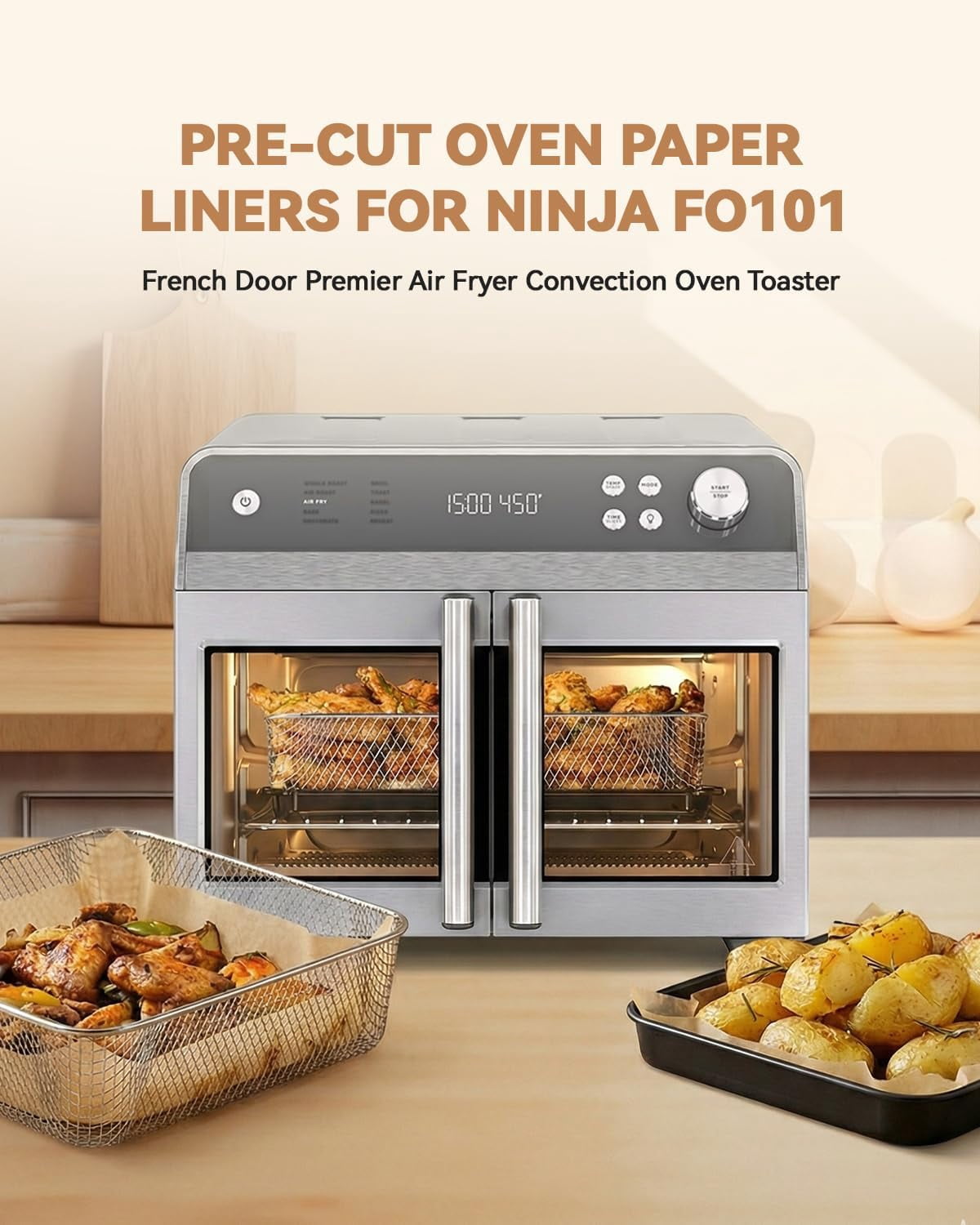 JJEAN-135PCs Air Fryer Parchment Paper Liners for Ninja French Door Premier Air Fryer Convection Oven Toaster FO101, Pre-Cut Nonstick Disposable Baking Sheets Accessories Food-Grade, Free of Bleach